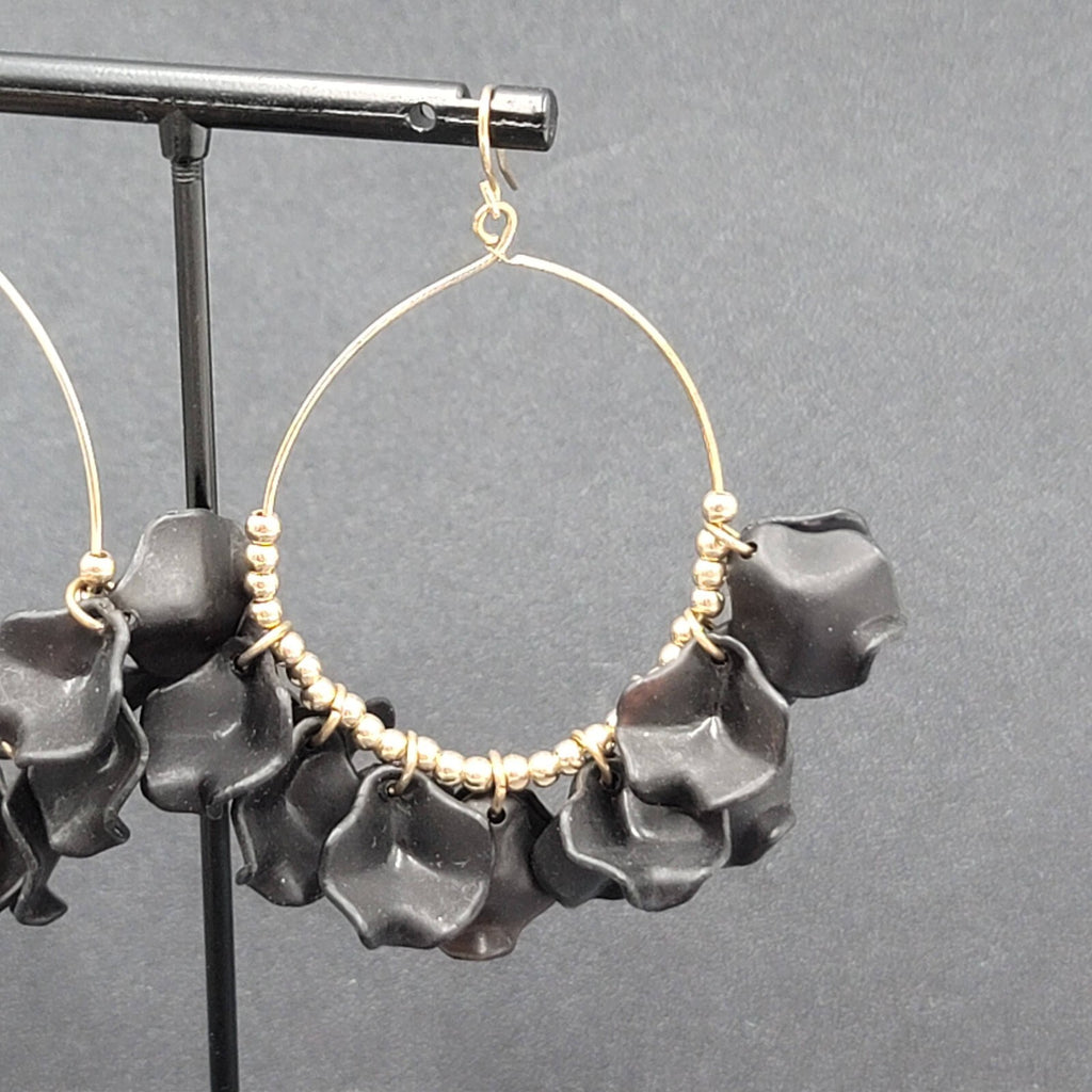 Pierced Earrings Gold tone Black Acrylic Hoops Dangle 2.5"