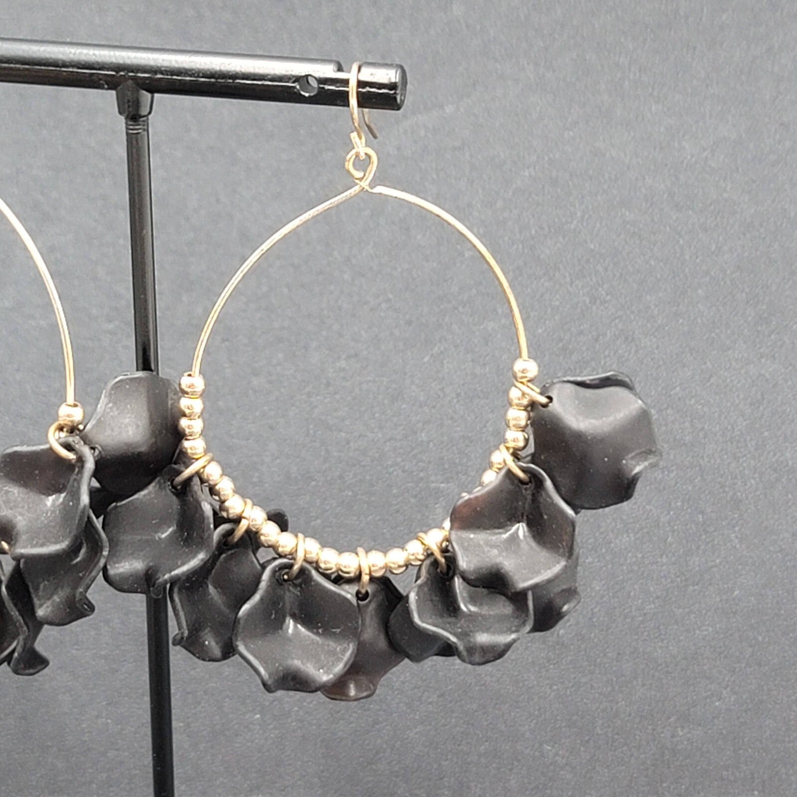 Pierced Earrings Gold tone Black Acrylic Hoops Dangle 2.5"