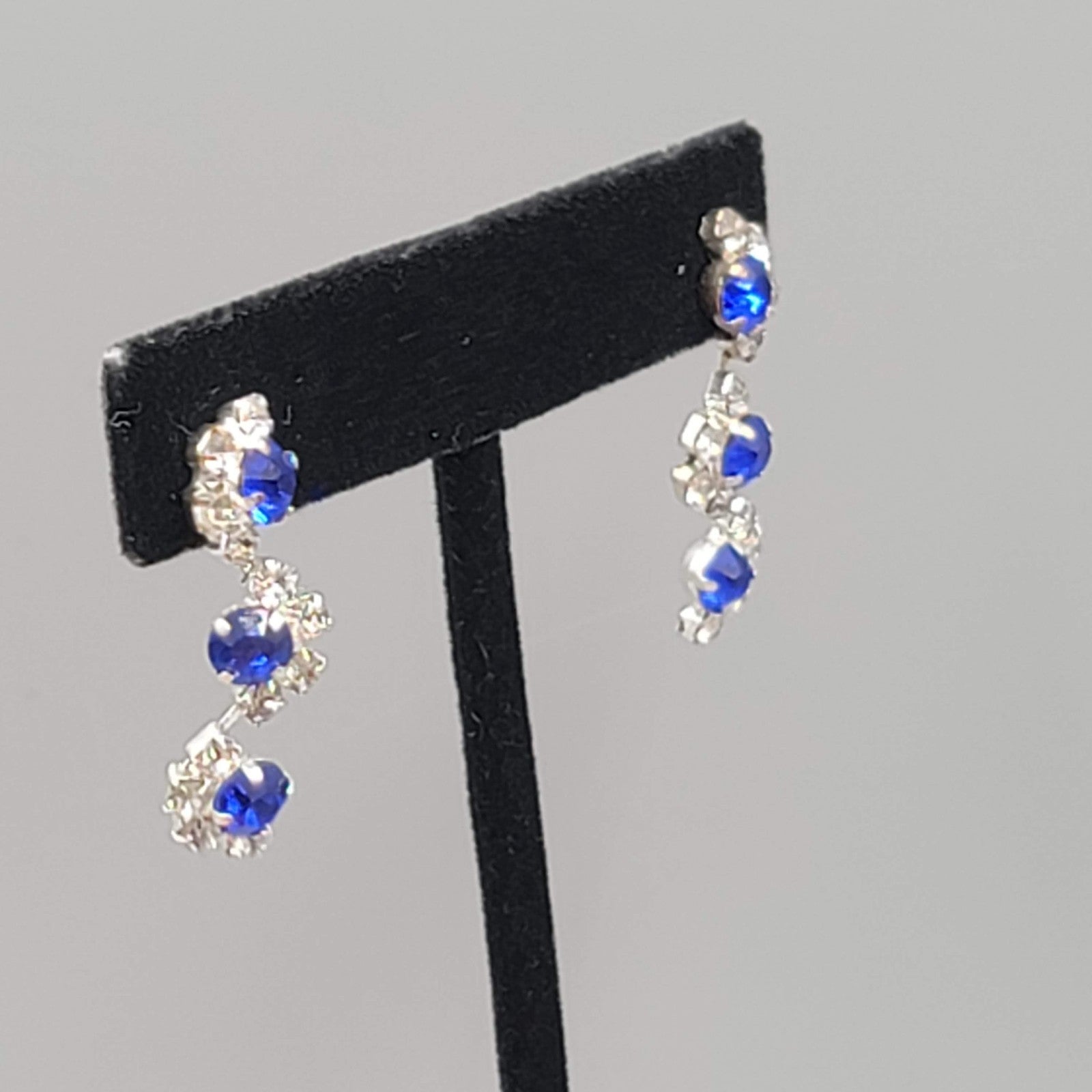 Blue Rhinestone Dangle Pierced Earrings Silver tone 1 1/8"