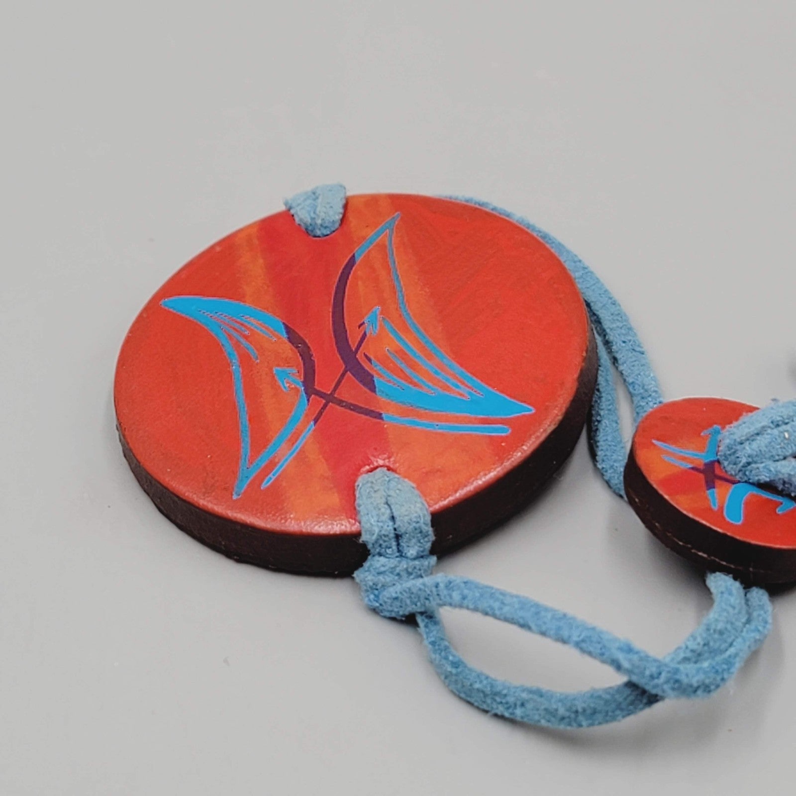 Signed Artisan Bracelet Hand Painted Wood Blue Suede Adj Cord 7"