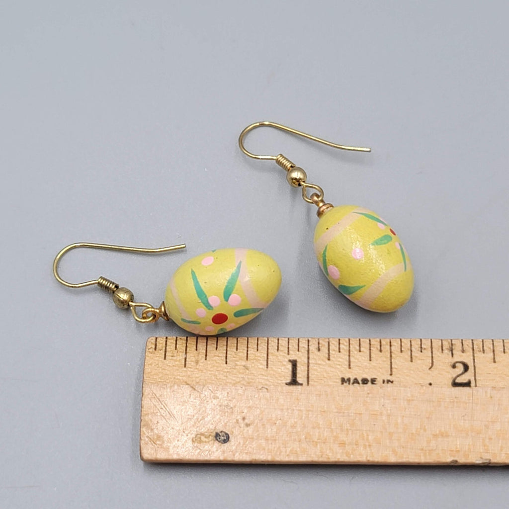 Vintage Yellow Easter Egg Pierced Earrings Hand Painted Wood Dangle 7/8"