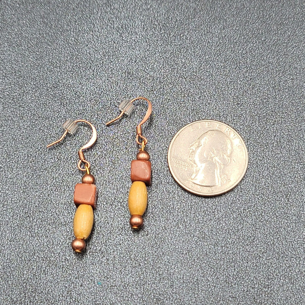 Pierced Earrings Red Stone Wood Bead Copper tone Dangle  1"