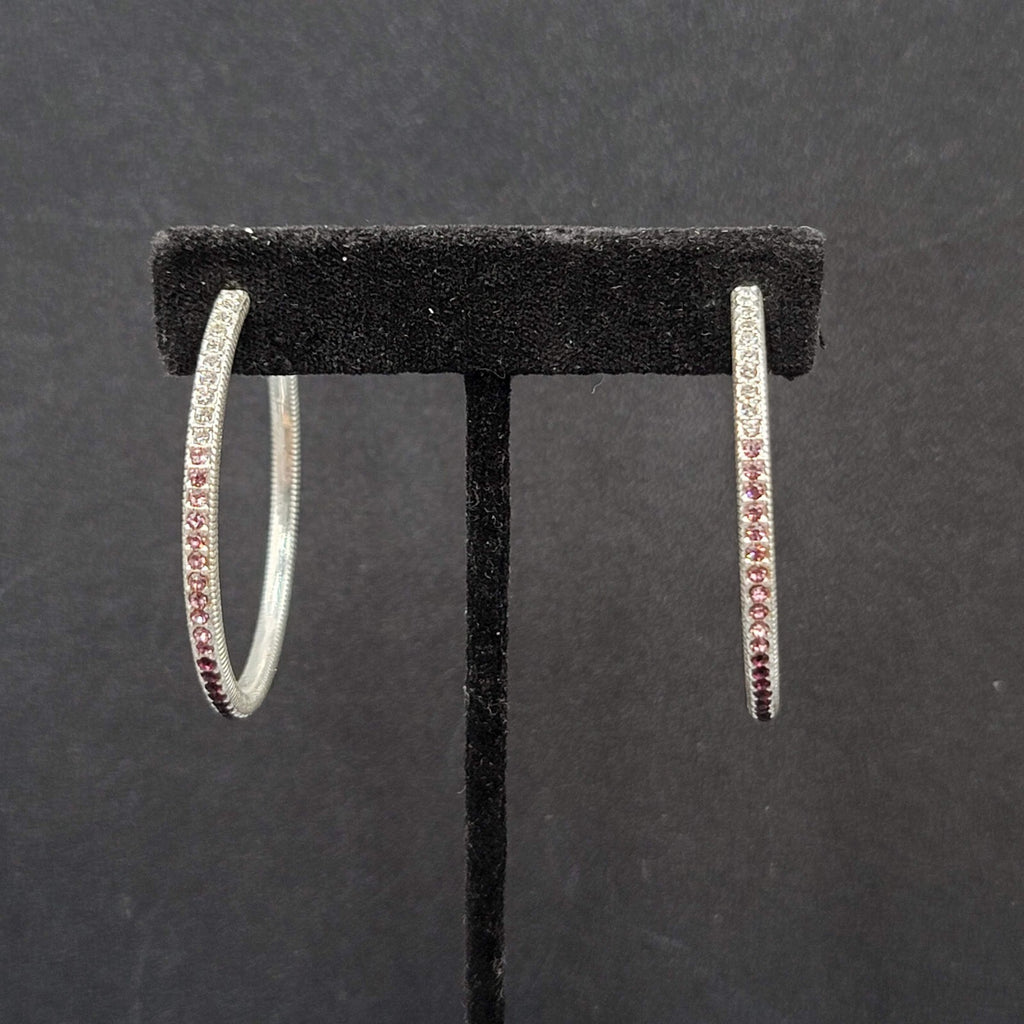 Pierced Earrings Silver tone Gradated Purple Rhinestone Hoops 1.75"