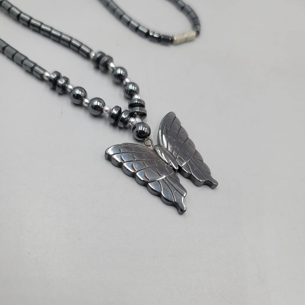 Vintage Butterfly Necklace Hematite Stone Beaded Pendant 18 in