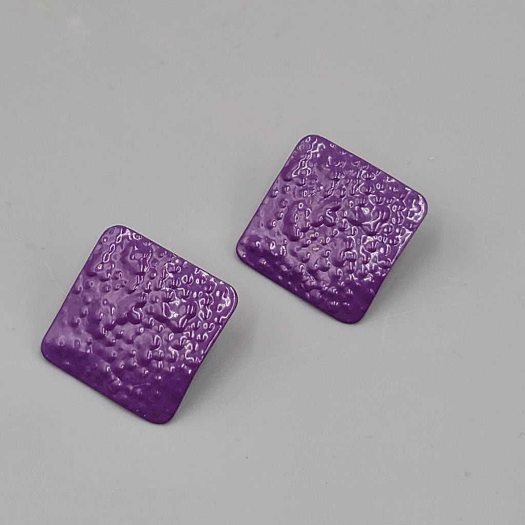Vintage Purple Enamel Pierced Earrings Textured Metal Square Drop 1"