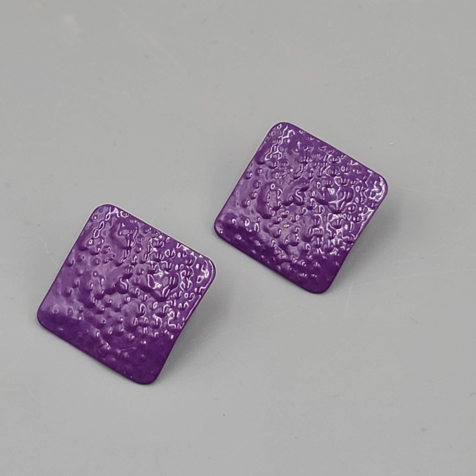 Vintage Purple Enamel Pierced Earrings Textured Metal Square Drop 1"