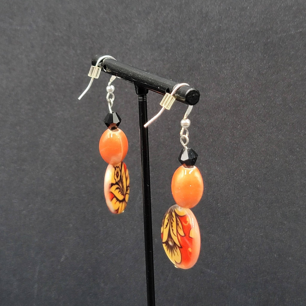 Pierced Earrings Orange Black Beads Flower Mother of Pearl Dangle 1 5/8"
