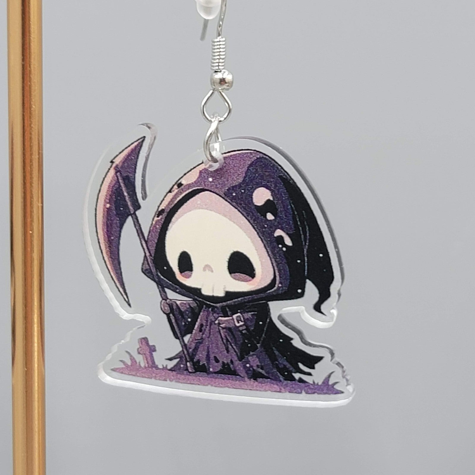 Halloween Purple Black Reaper Pierced Earrings Silver tone Dangle 1.5 in