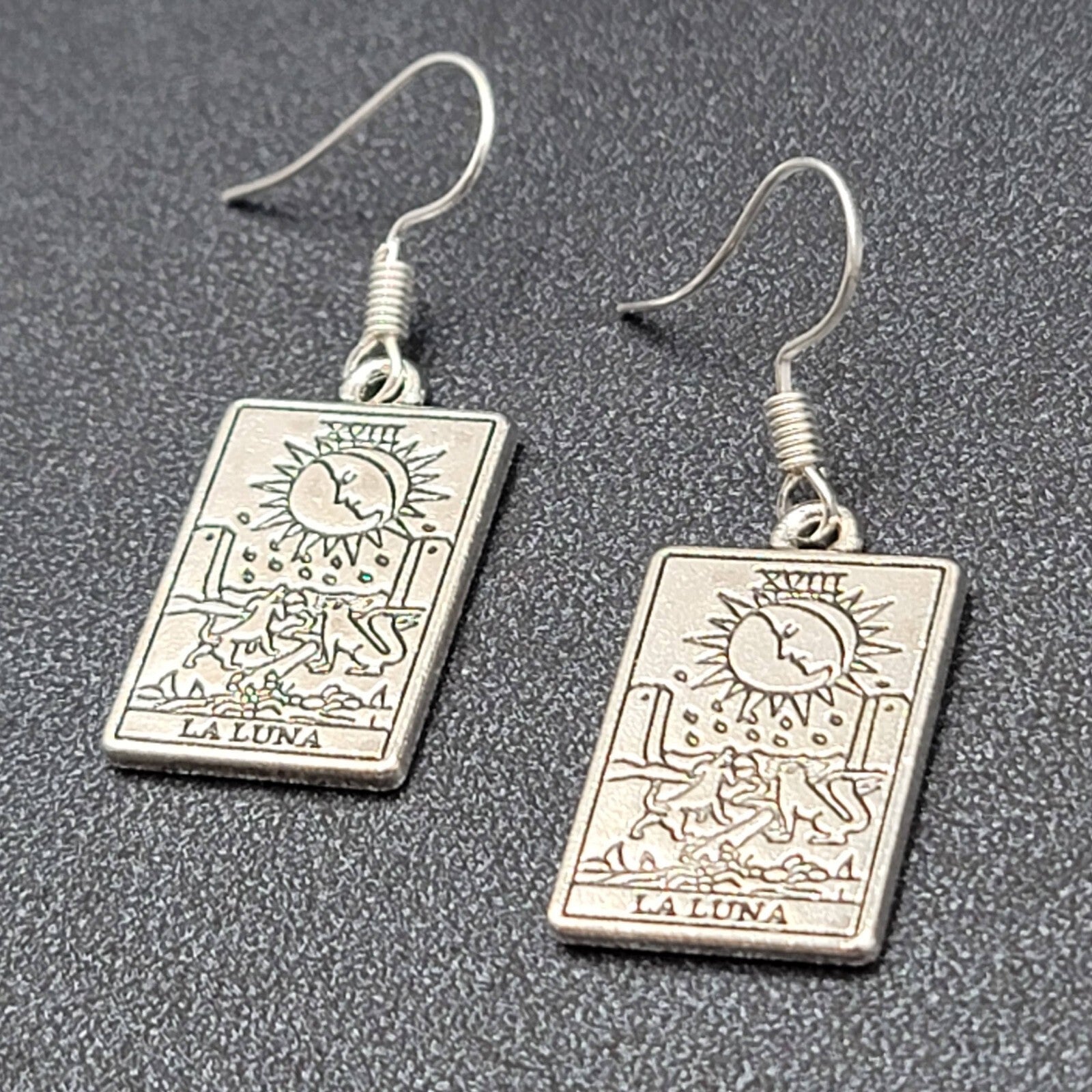 The Moon LA LUNA Tarot Card Pierced Earrings Silver tone 1"