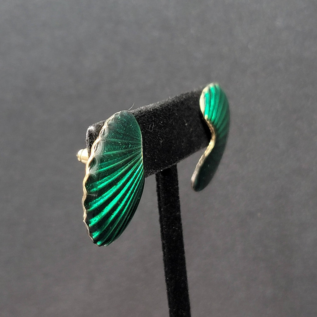Vintage Pierced Earrings Gold tone Green Enamel Shell Design Drop 1"