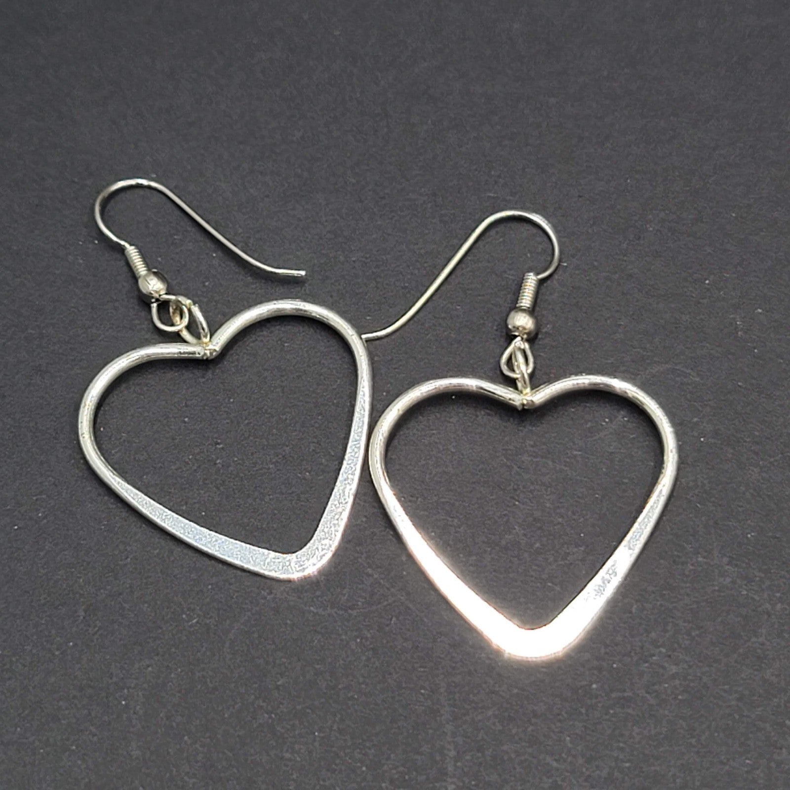 Open Heart Wire Pierced Earrings Silver tone Dangle 1.25"