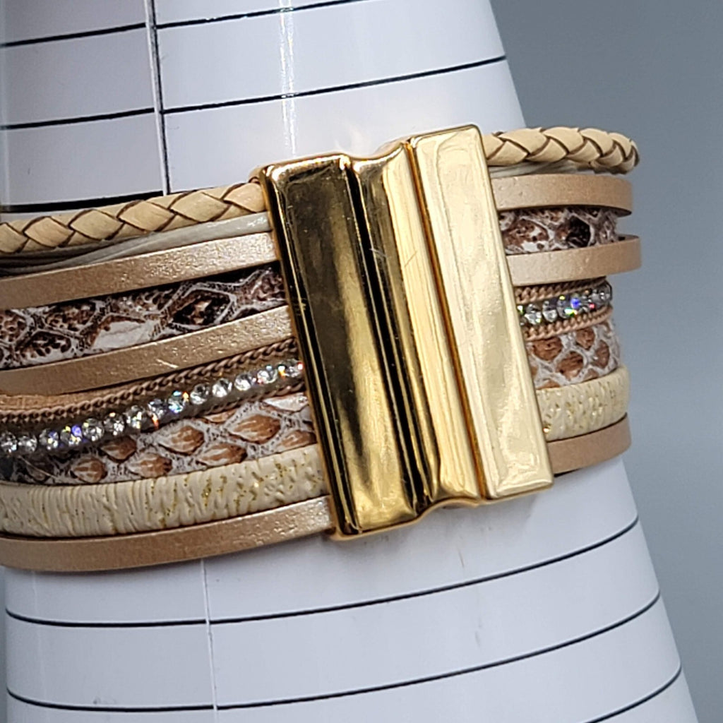 Wrap Bracelet Gold tone Tan Faux Leather Feather Charm Crystal Beads 6.5"