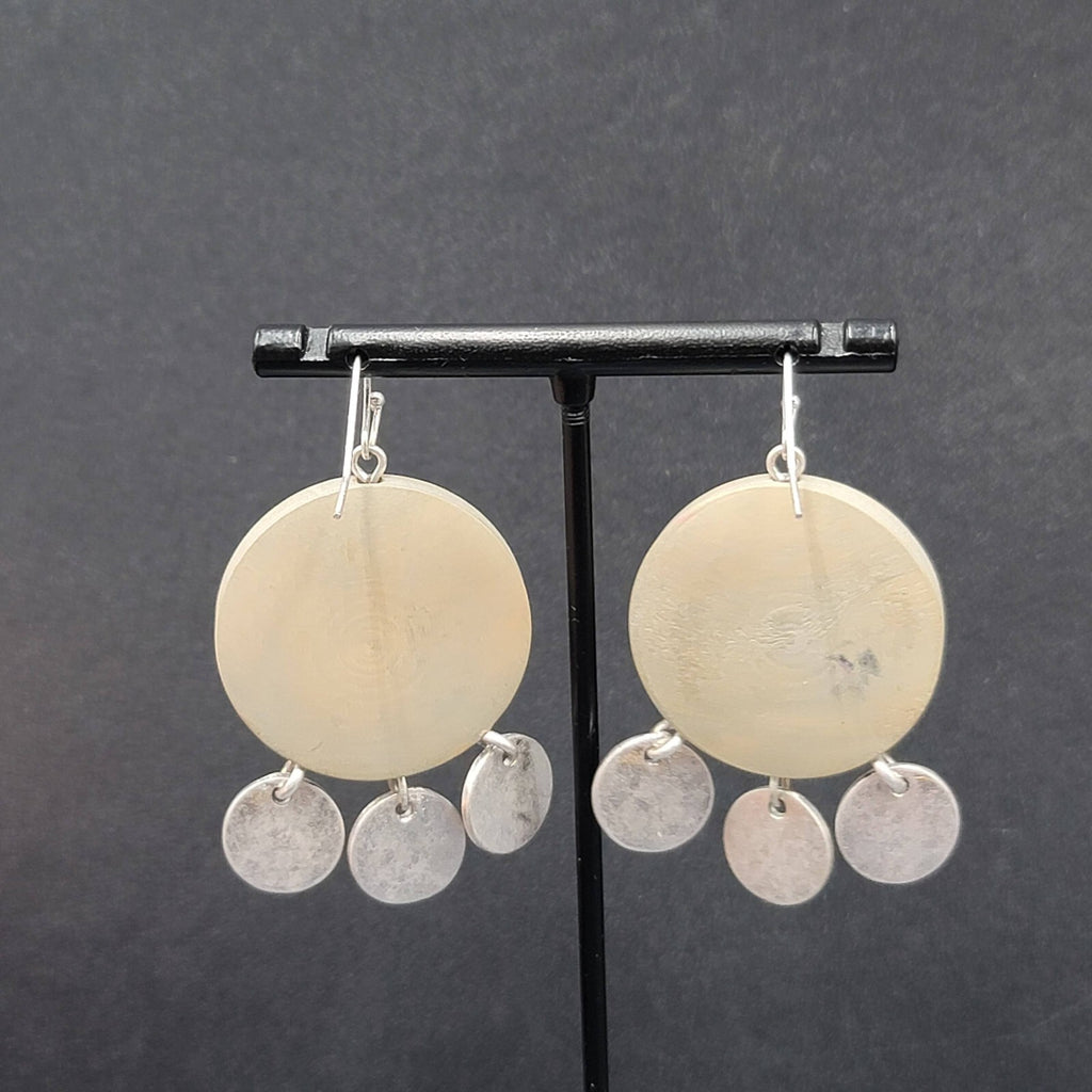 Pierced Earrings Round Wood Silver tone Discs 1.75"