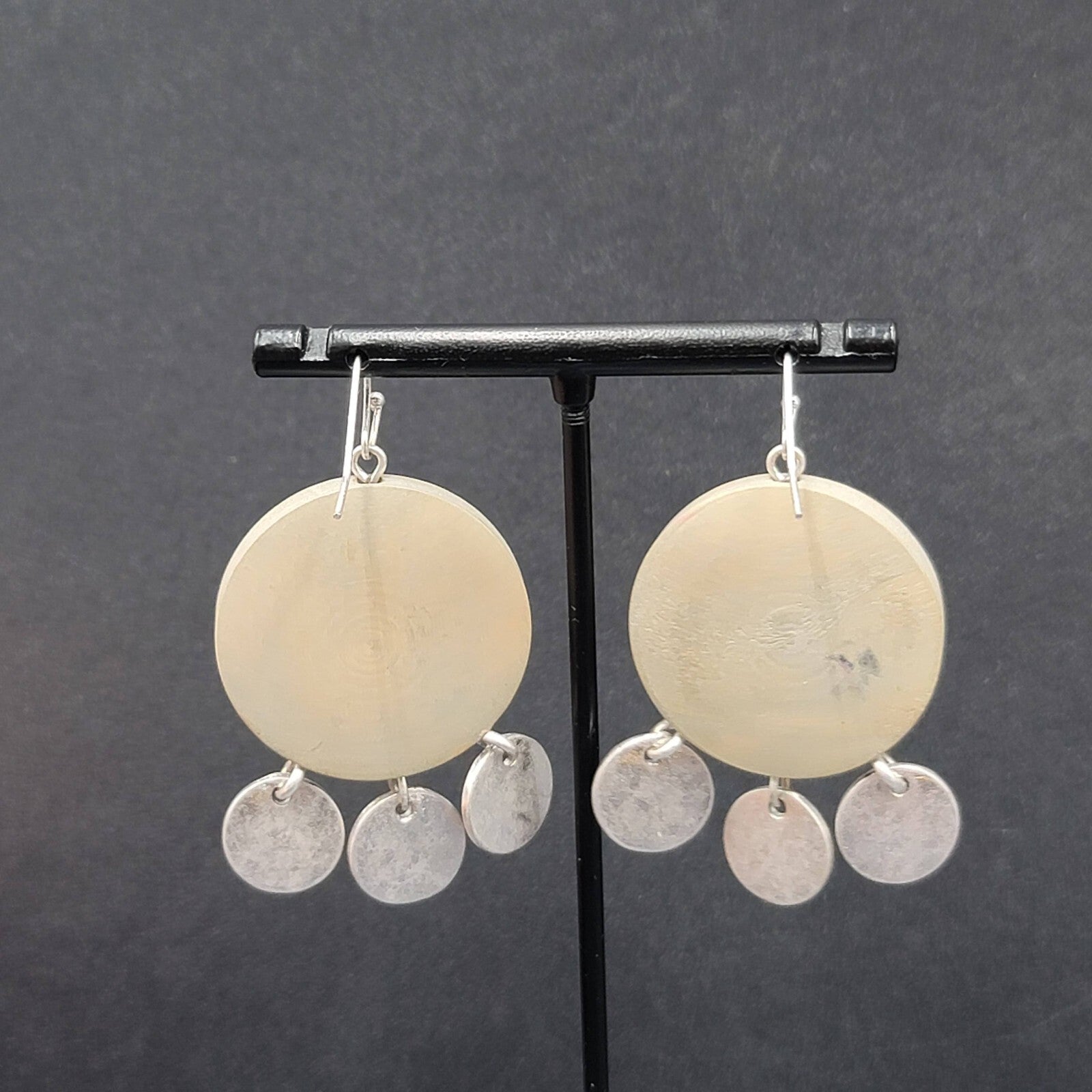 Pierced Earrings Round Wood Silver tone Discs 1.75"