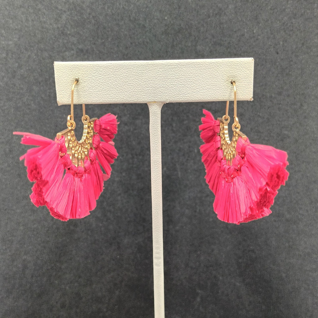 Boho Pierced Earrings Gold tone Red Rattan Tassel 1.25"