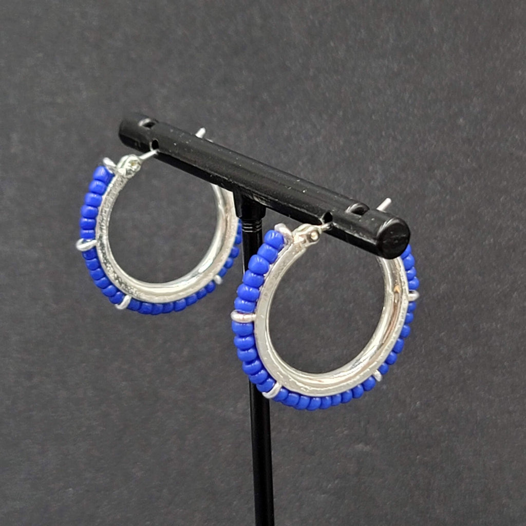 Pierced Earrings Silver tone Blue Seed Bead Hoops 1"