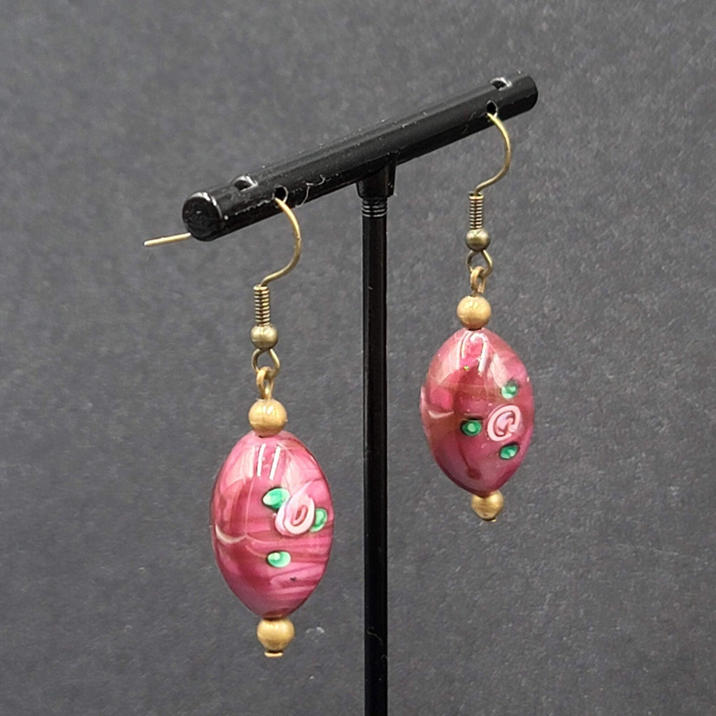 Art Glass Bead Pierced Earrings Bronze tone Pink Flower Dangle 1.25"