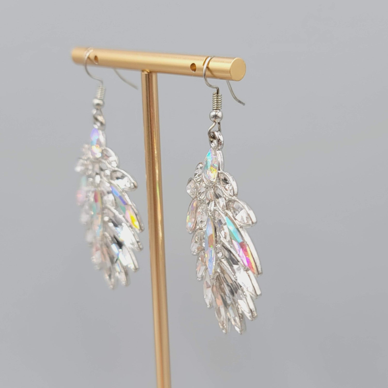 Statement Pierced Earrings Silver tone AB Rhinestones Dangle 2"