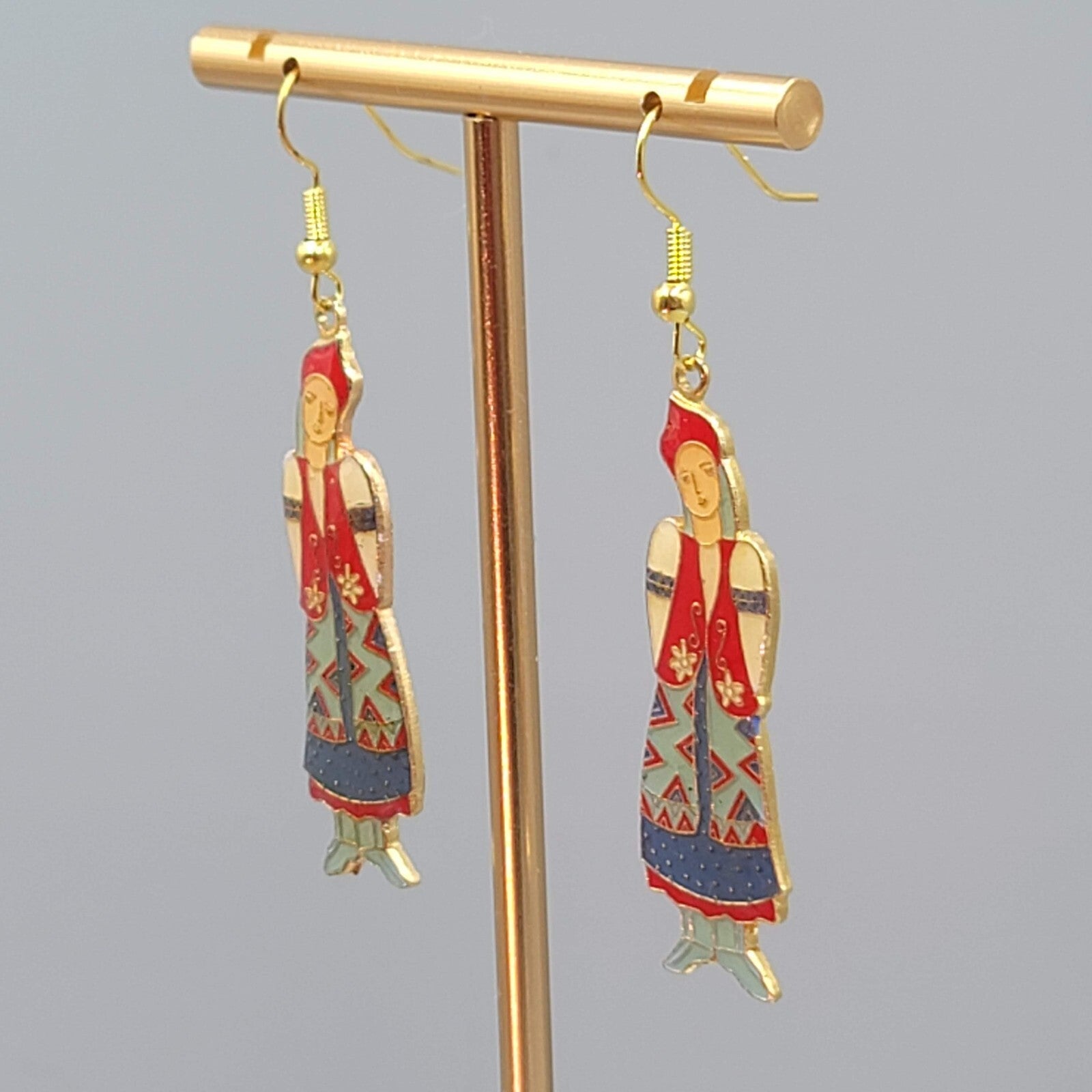 Vintage Pierced Earrings Russian Folk Dress Lady Woman Figure Dangle 2"