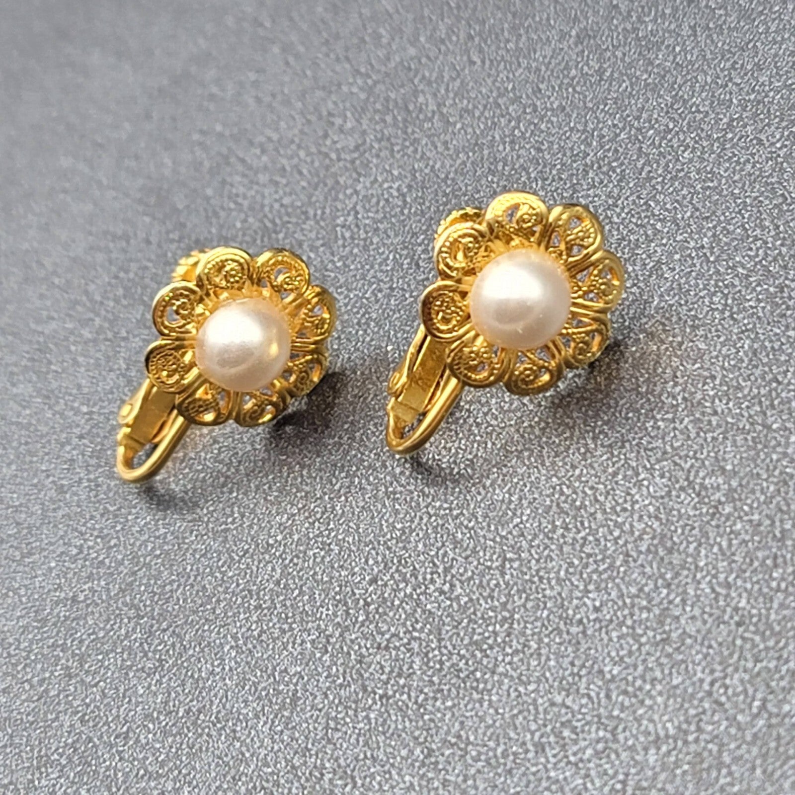 Vintage Clip on Earrings Gold tone Faux Pearl Filigree Flower Studs 1/2"