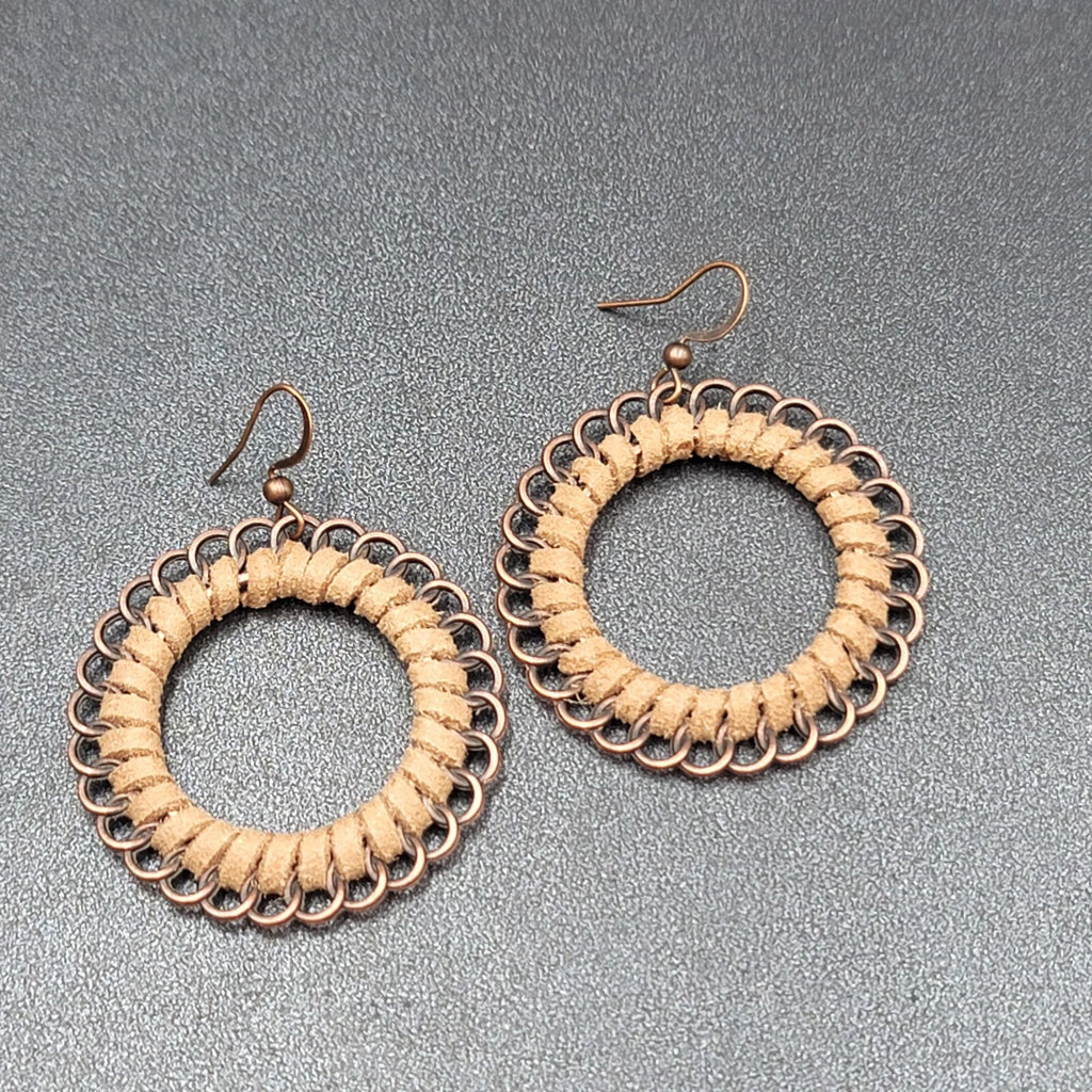 New Boho Pierced Earrings Copper tone Faux Leather Laced Hoops 1.75"