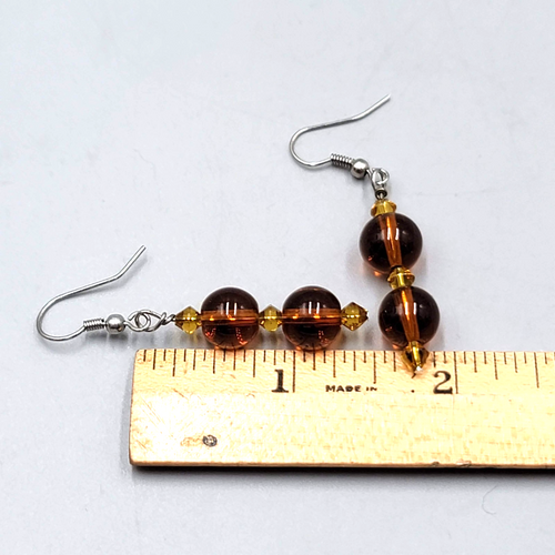 Brown Glass Bead Pierced Earrings Silver tone Dangle 1.5 in