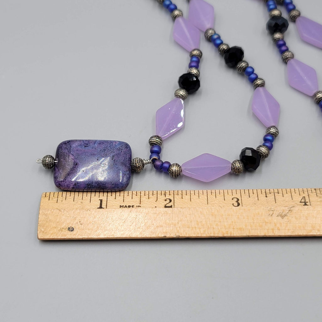 Purple Bead Pendant NecklaceSilver tone Black Beads  22"