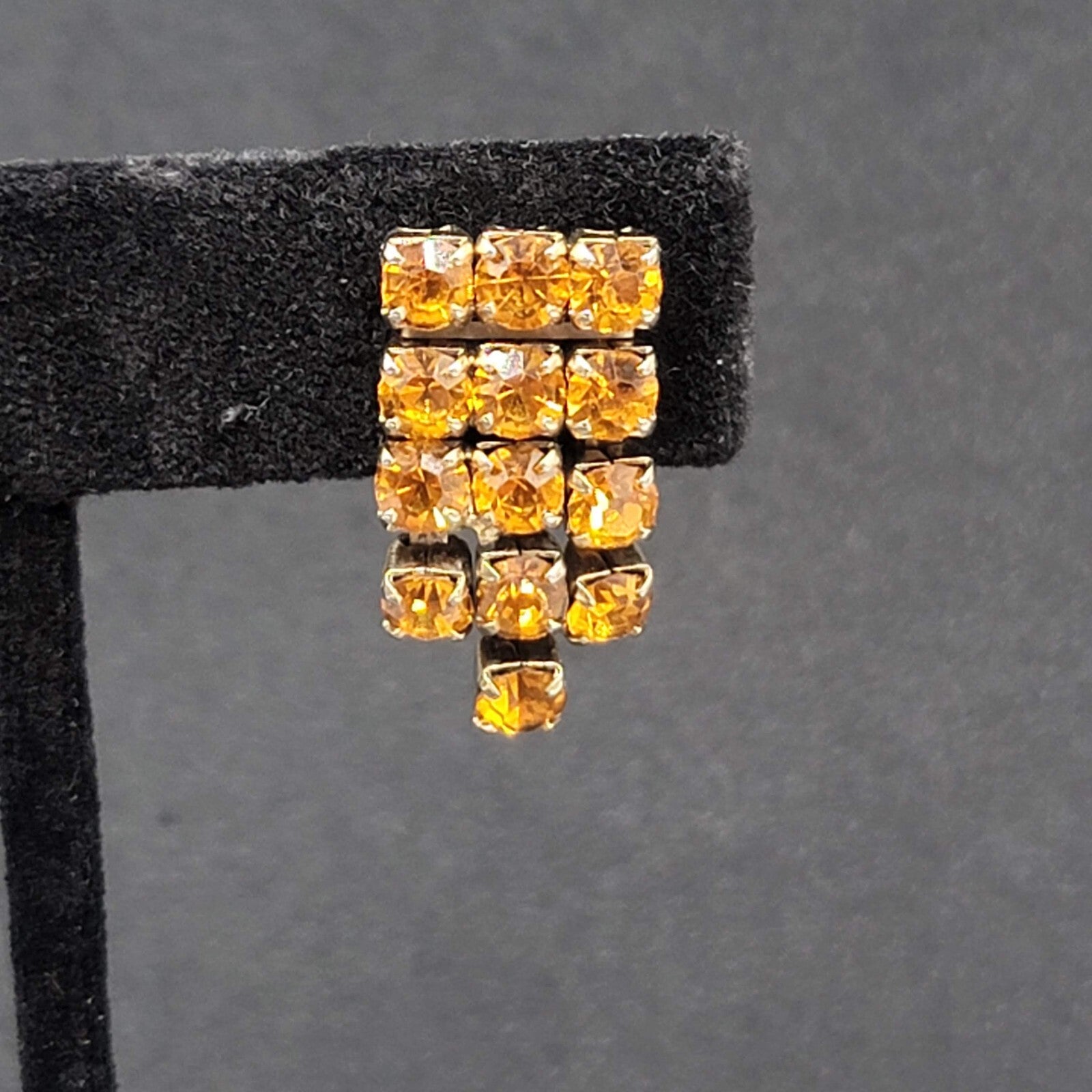 Vintage Clip on Earrings Gold tone Amber Orange Rhinestone Screw Back 1"