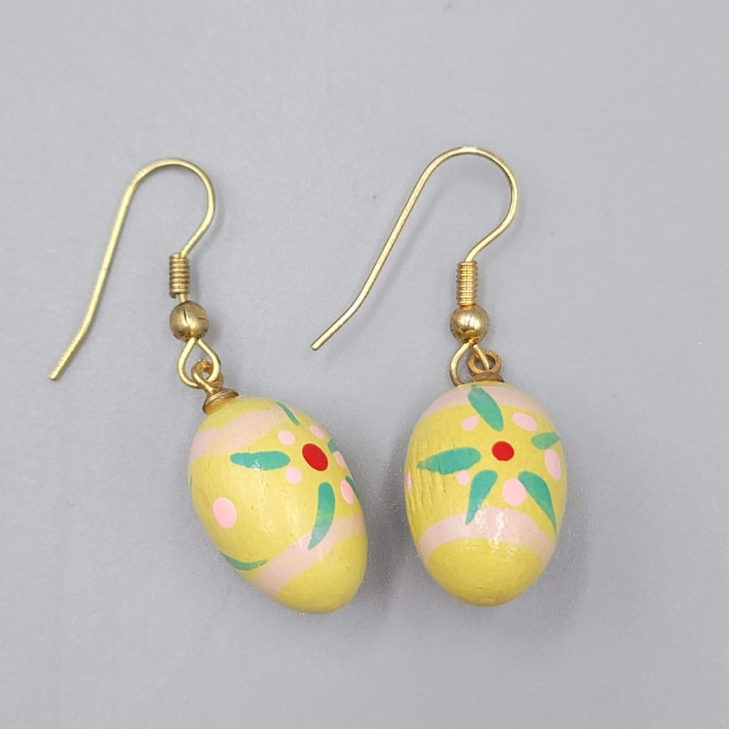 Vintage Yellow Easter Egg Pierced Earrings Hand Painted Wood Dangle 7/8"