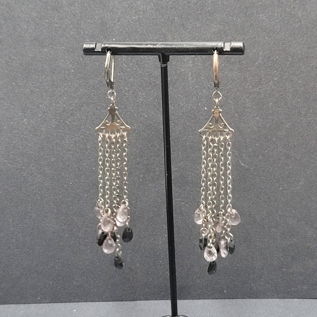 Pierced Earrings Gun Metal Gray Multi Chain Purple Black Beads 2 7/8"