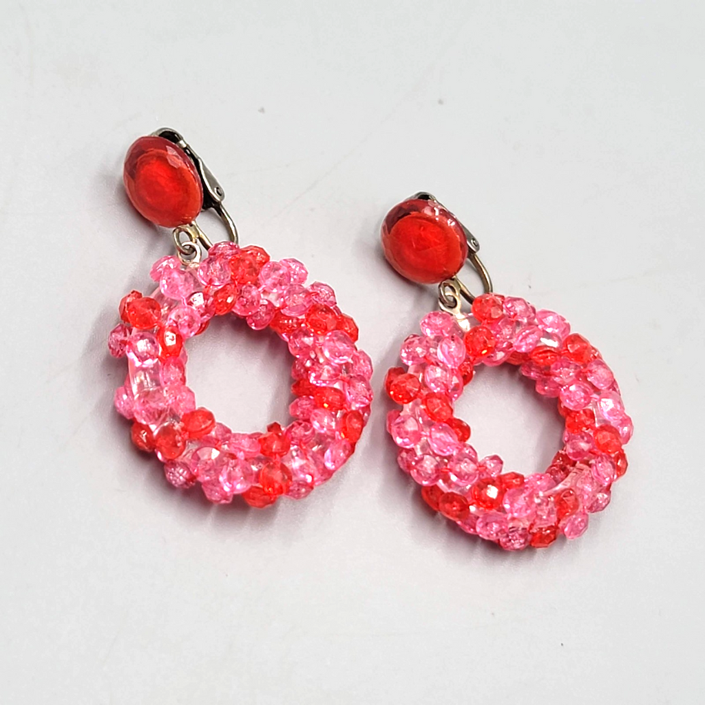 Vintage Pink Bead Wreath Clip on Earrings Dangle 2"