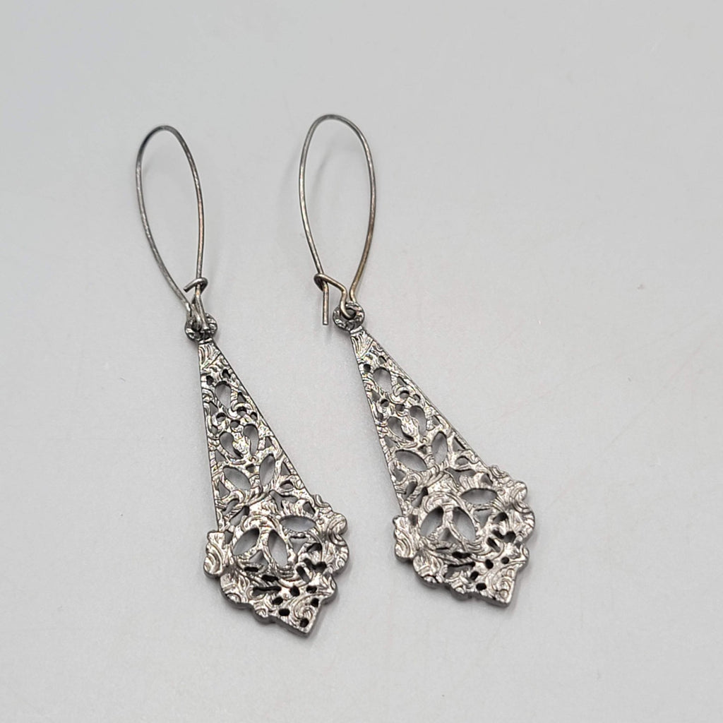 Black Metal Blue Rhinestone Pierced Earrings Long Dangle 2"
