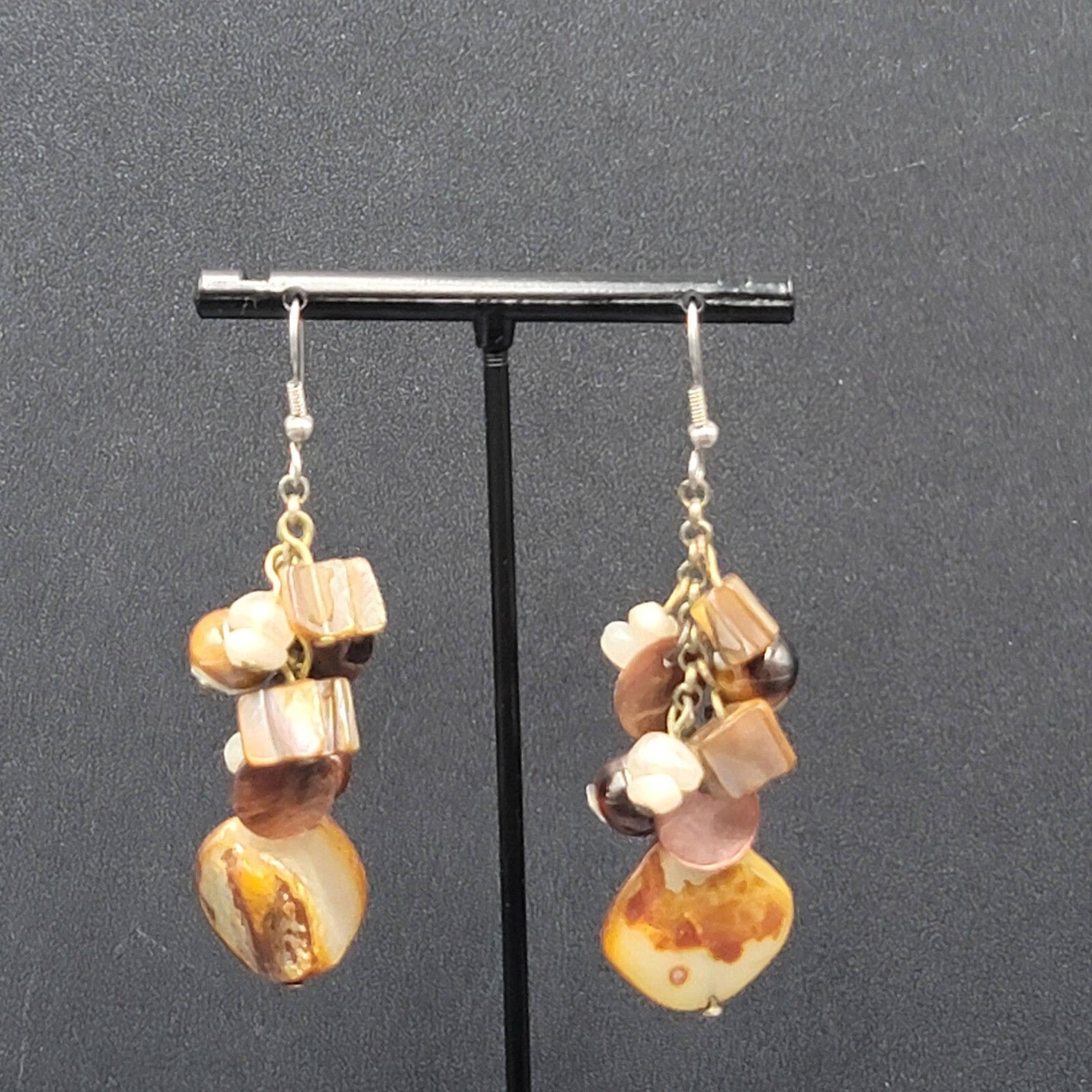 Pierced Earrings Brown Earth Tones Cluster Bead Shells 2.25"