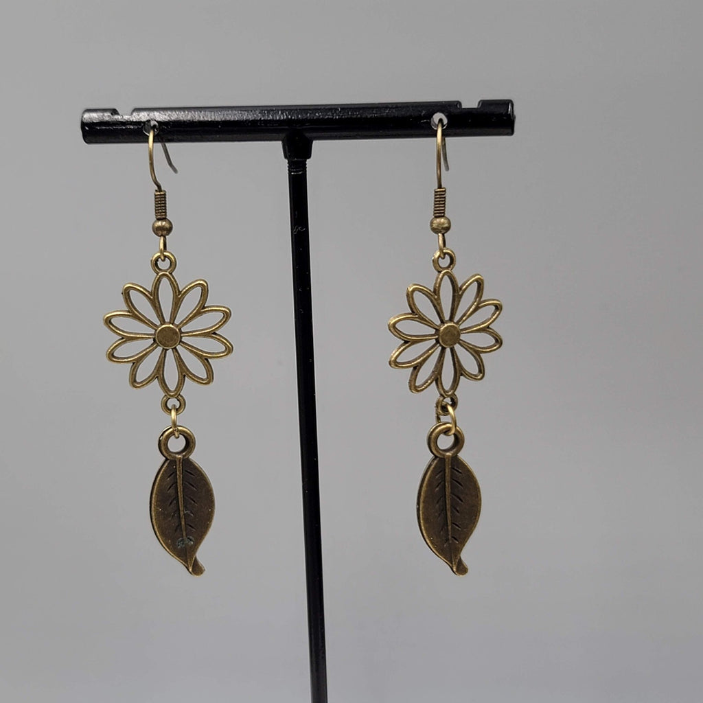 Flower Leaf Pierced Earrings Bronze tone Open Work Dangle NEW 2"
