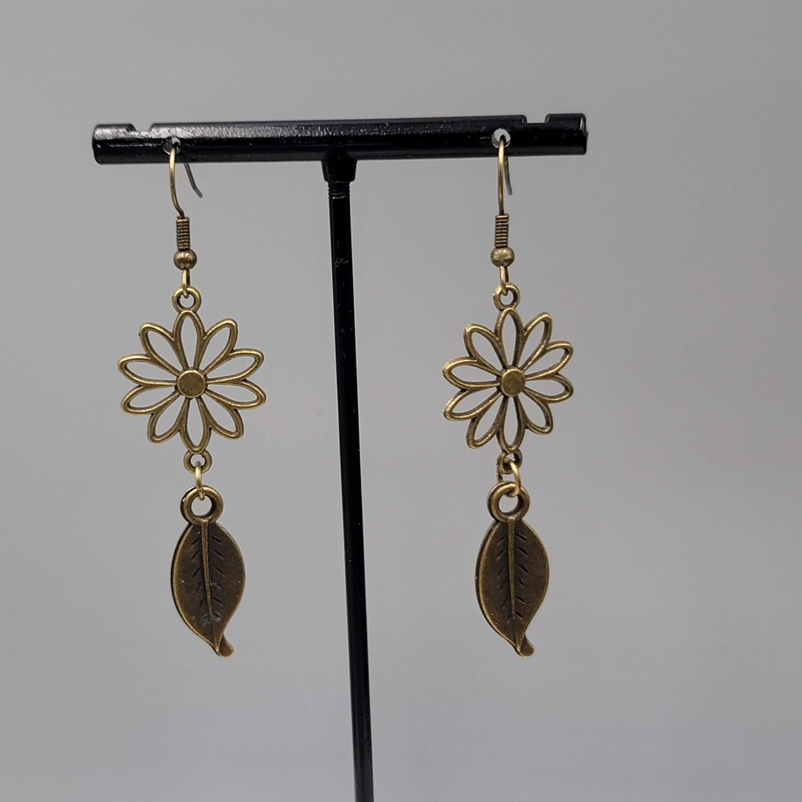 Flower Leaf Pierced Earrings Bronze tone Open Work Dangle NEW 2"