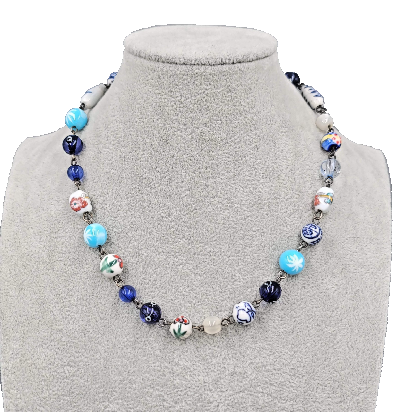 Eclectic Blue Glass Bead Necklace Flowers Multicolor Silver tone 16 in