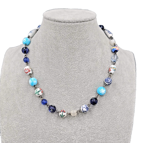 Eclectic Blue Glass Bead Necklace Flowers Multicolor Silver tone 16 in