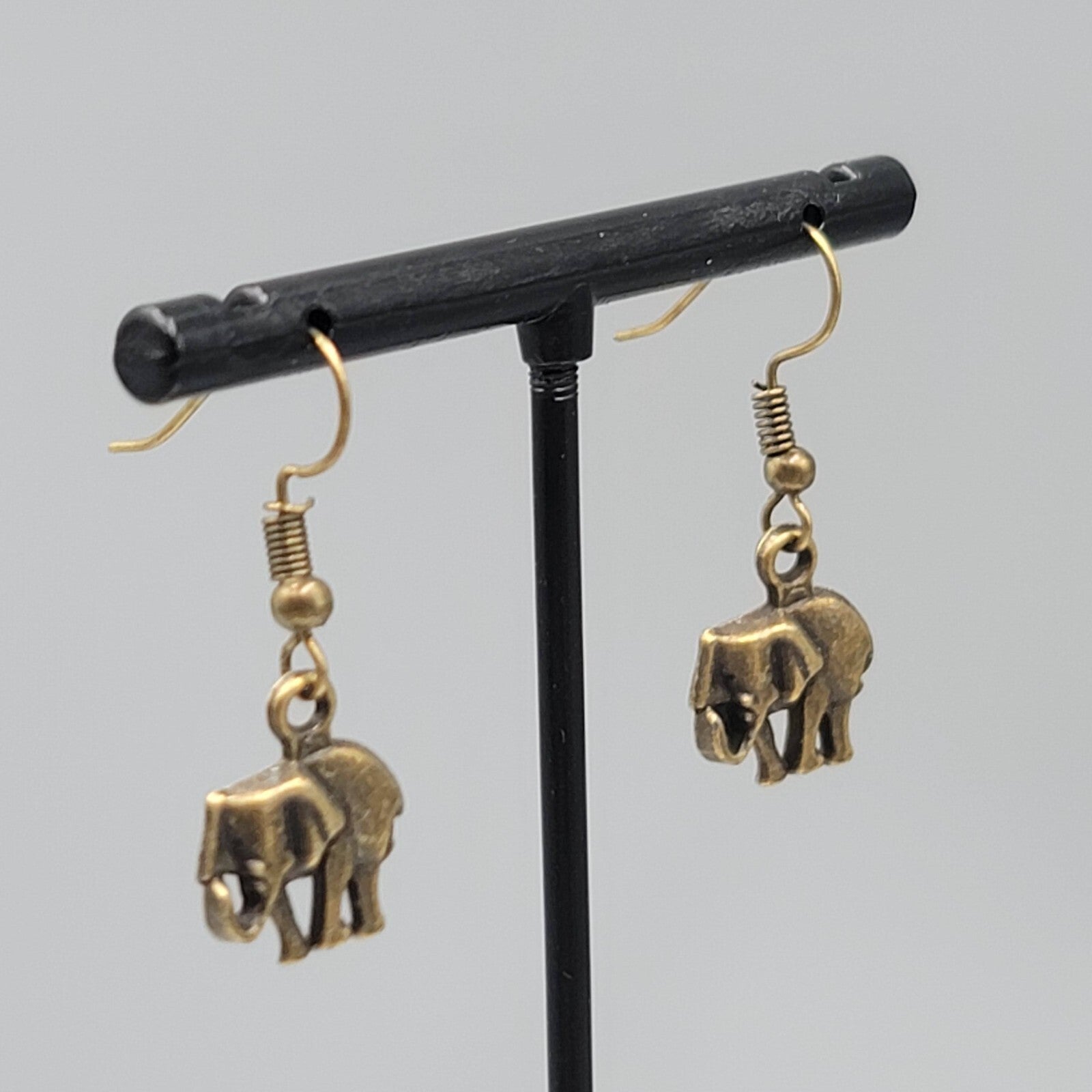 Elephant Pierced Earrings Bronze tone Embossed Dangle 5/8"