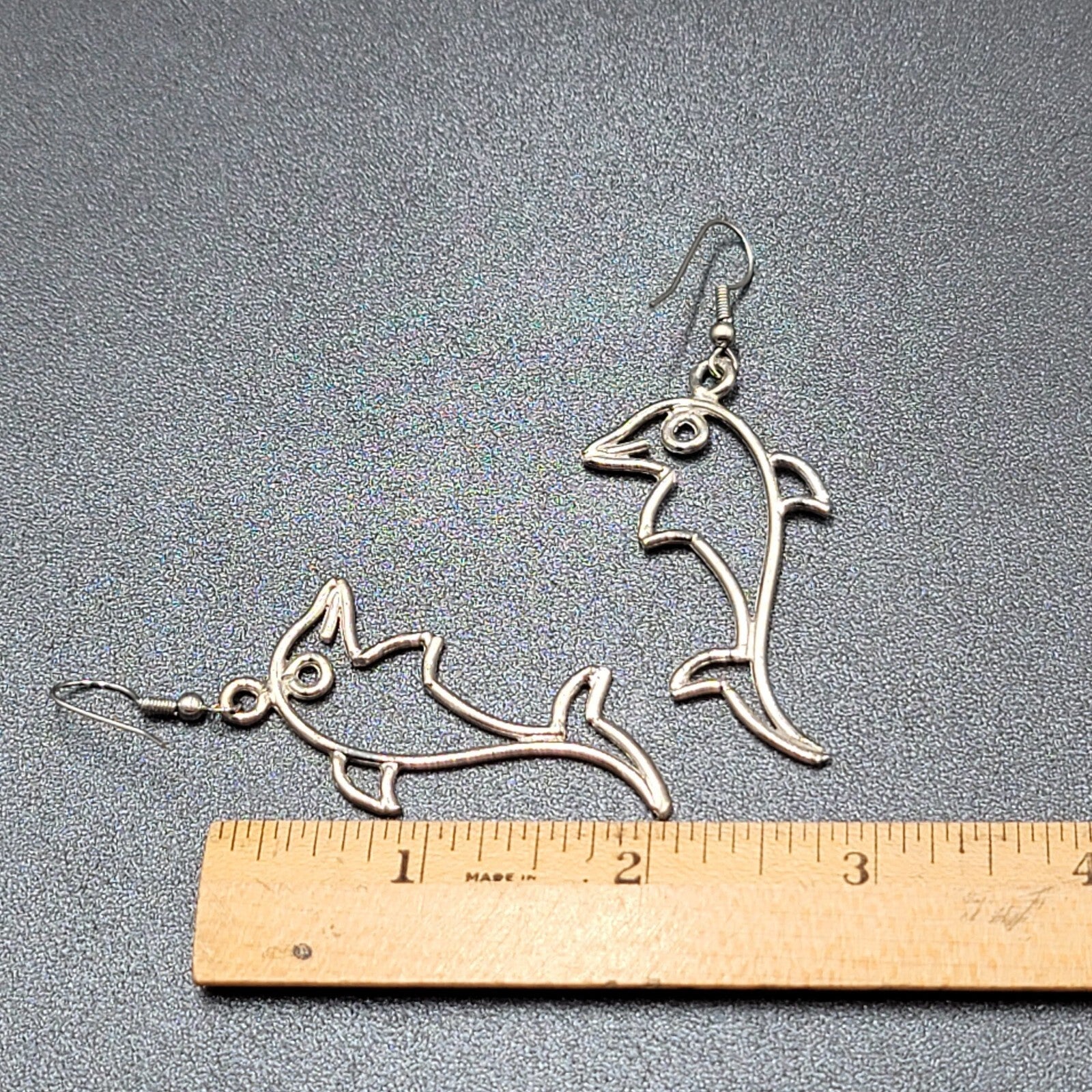 Dolphin Pierced Earrings Silver tone Dangle 2 1/8"