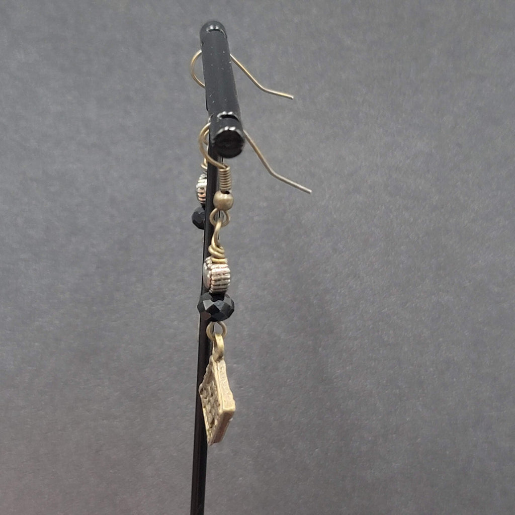 Pierced Earrings Bronze tone Heart Beaded Book Charm Dangle 1 5/8"