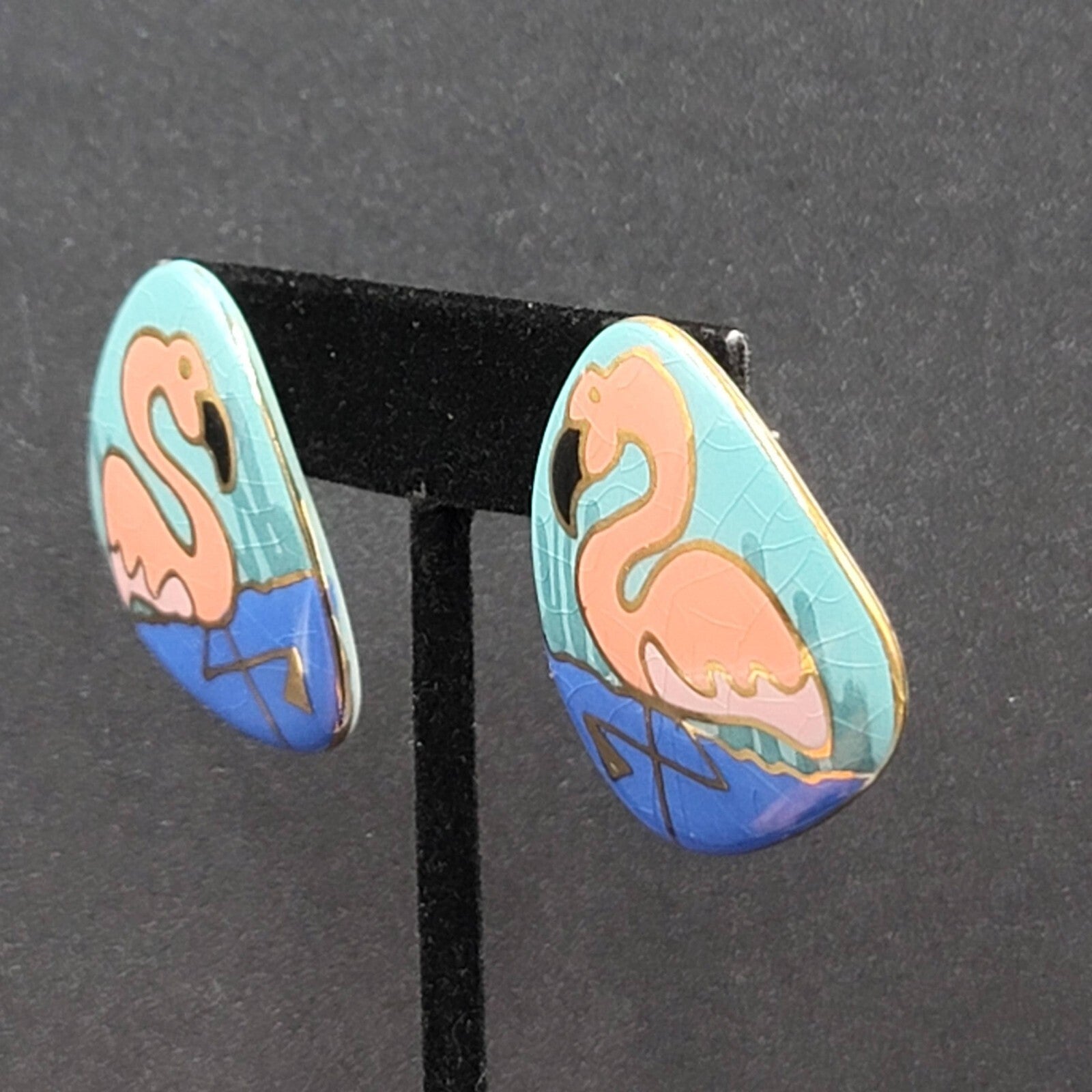 Vintage Flamingo Pierced Earrings Ceramic Hand Painted Drop 1.5"