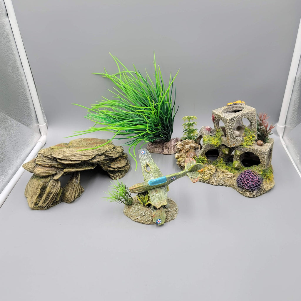 Aquarium Decor Lot Cave Rock Plant Ruins Sunken Airplane Hide Fish Tank Set 4pc