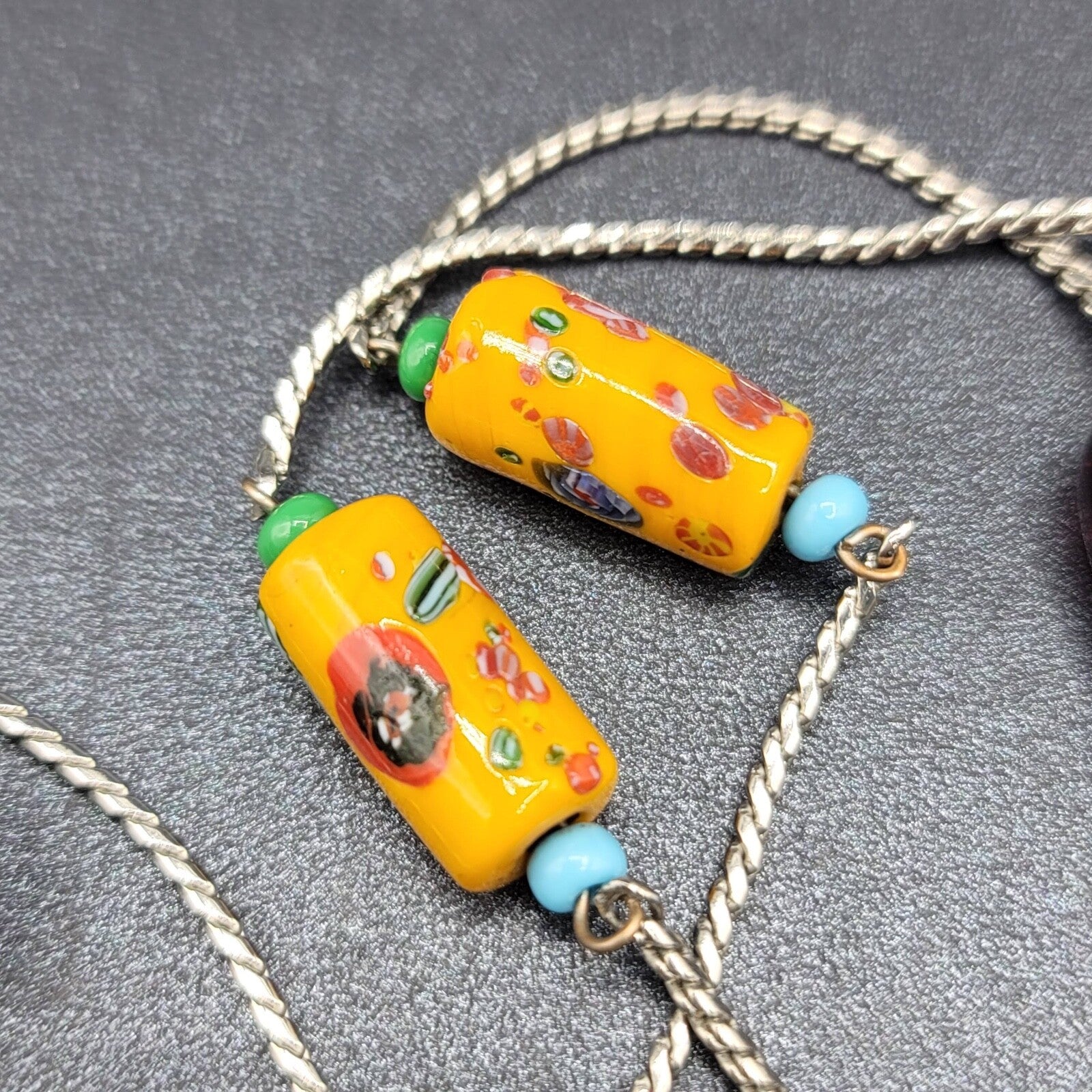 Art Glass Bead Necklace Silver tone Station Bead 44"