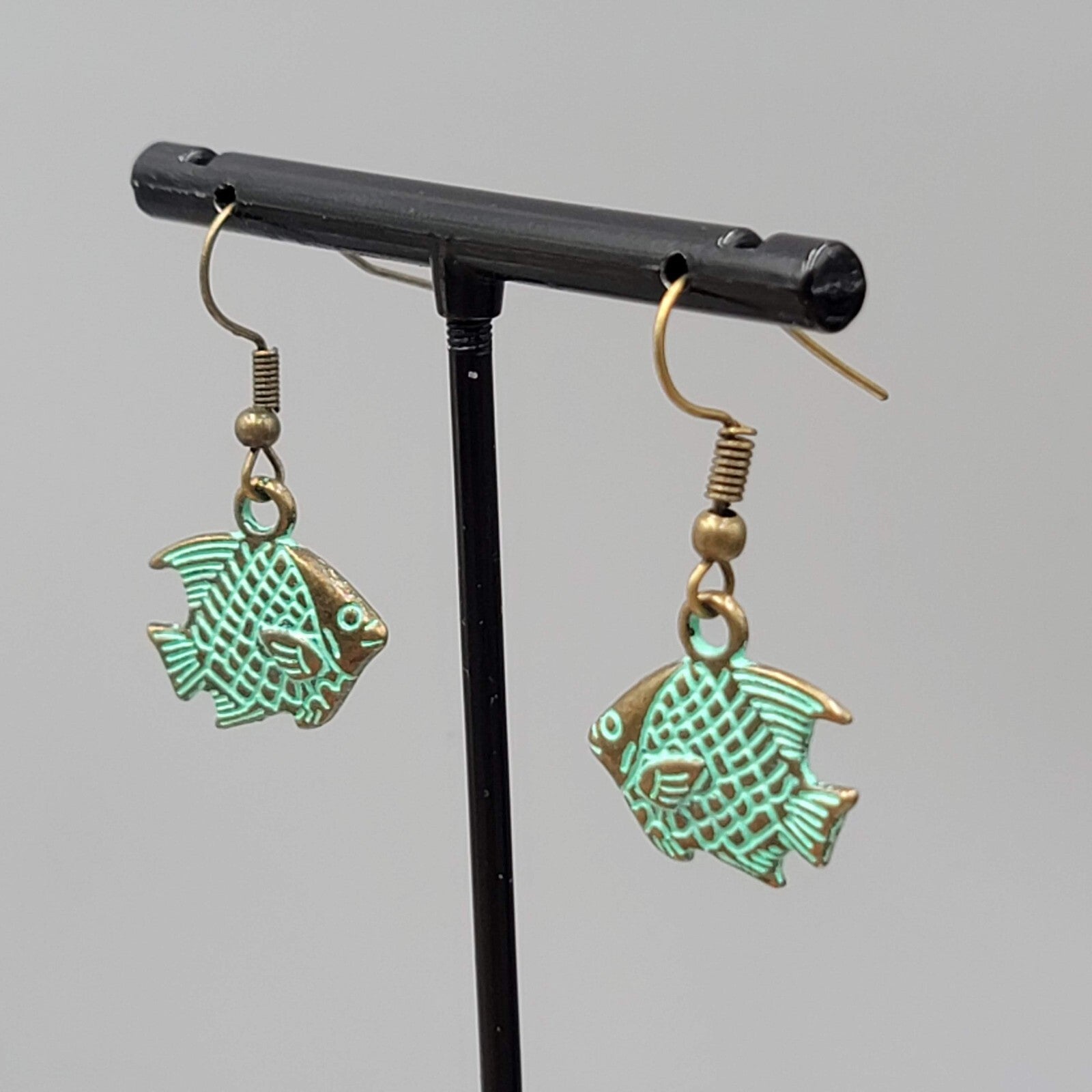 Fish Beach Sea life Pierced Earrings Bronze tone Green wash Dangle 5/8"
