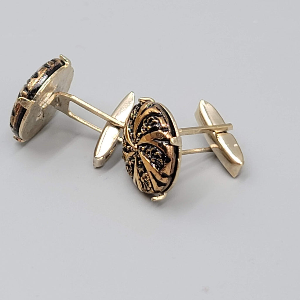 Vintage Gold tone  Mens Cufflinks Black Design Swirl Round Mens Jewelry 3/4"