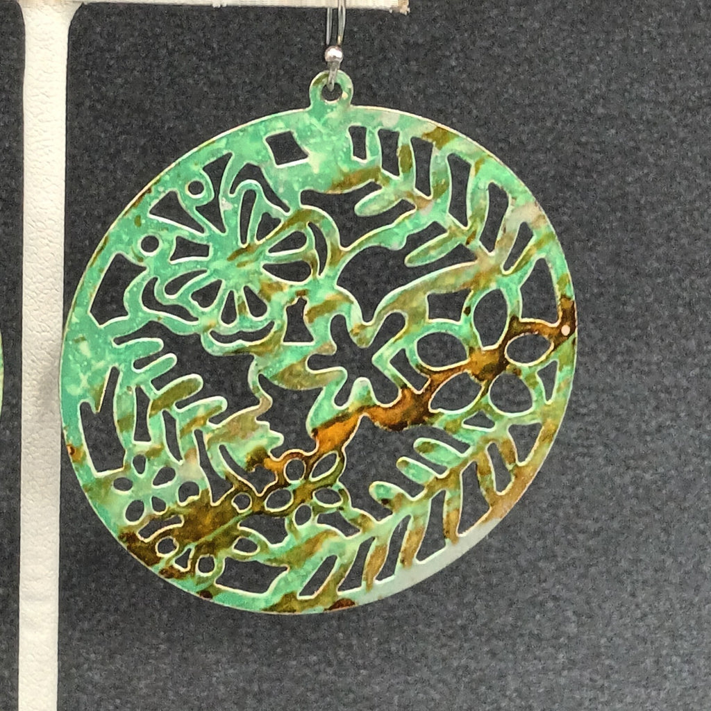 Pierced Earrings Metal Open Work Brown and Green Enamel Medallion Dangle 2"