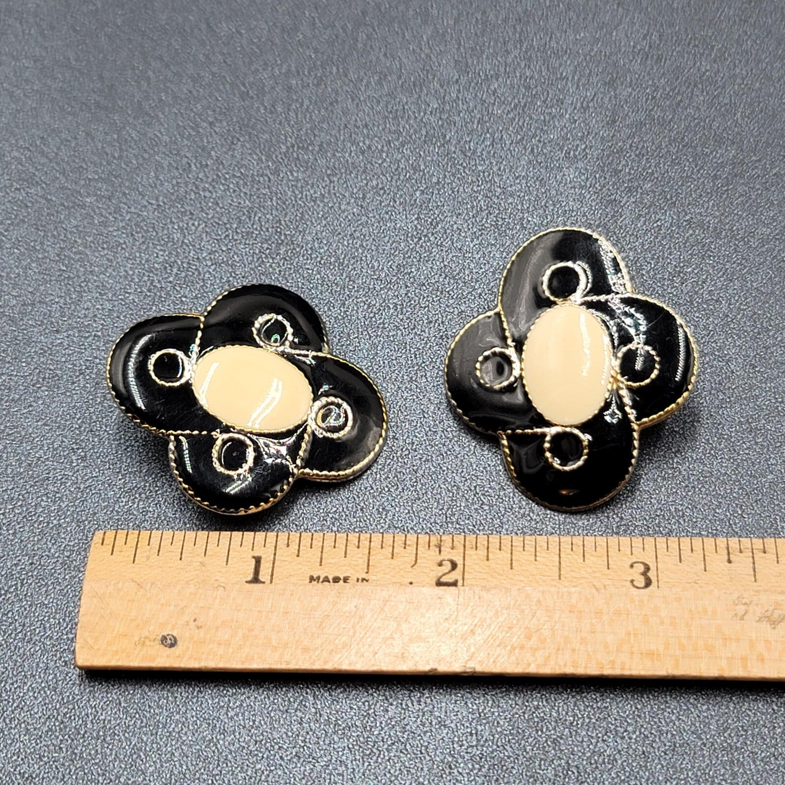 Vintage Pierced Earrings Black Cream Enamel Large Statement 1.5"