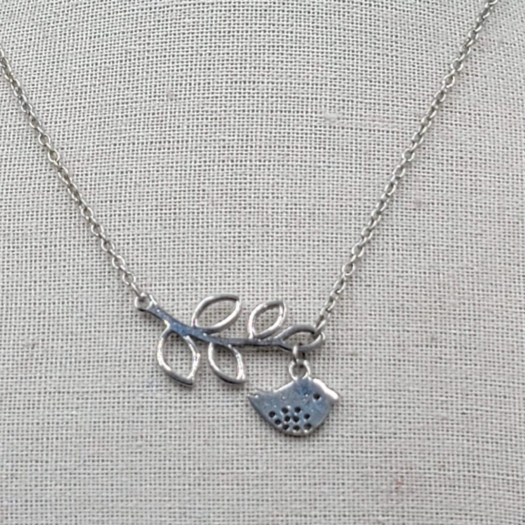 Bird and Branch Necklace Silver tone 18"