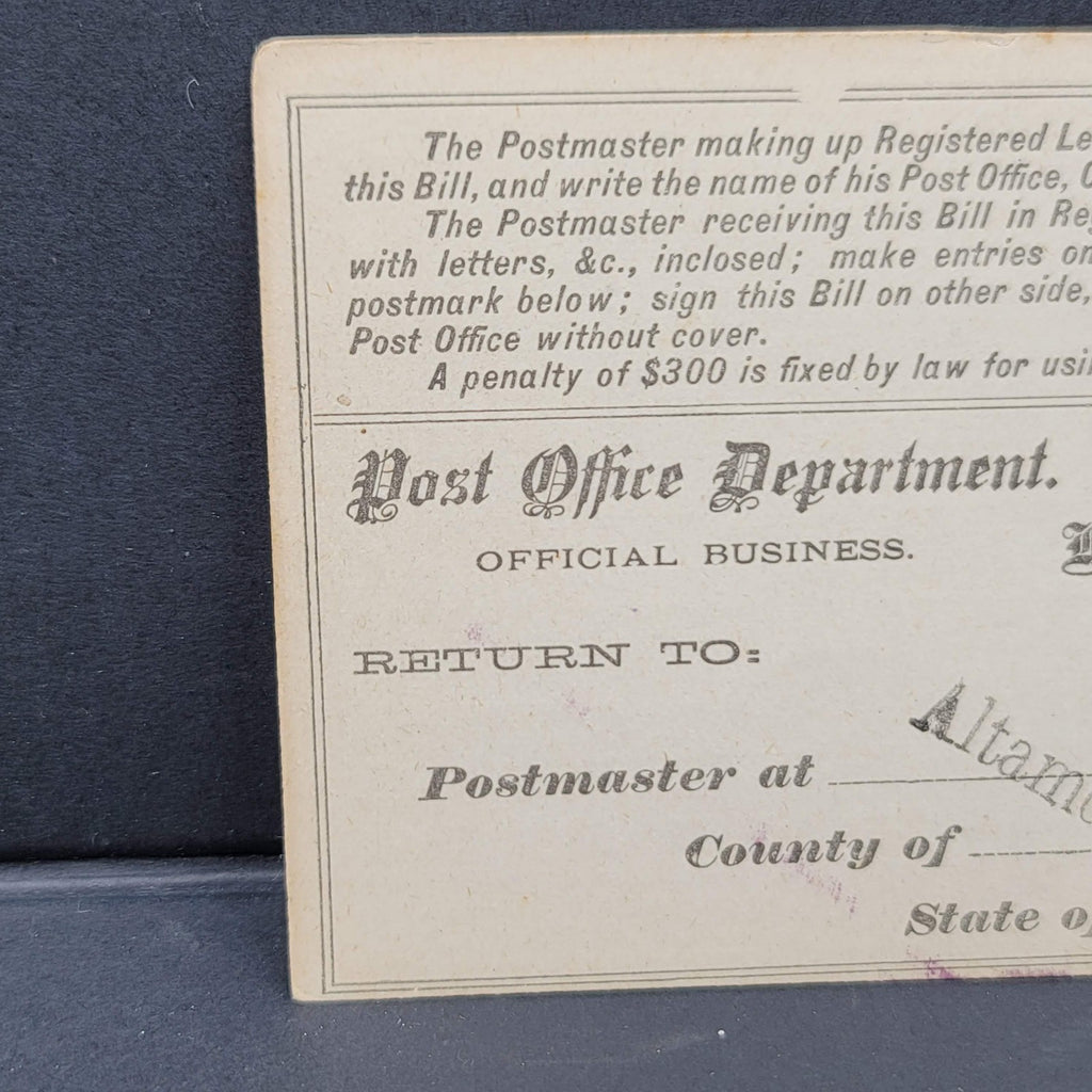 1883 U.S. Post Office Department Registry Bill Postal Card Altamont Dakota Brown