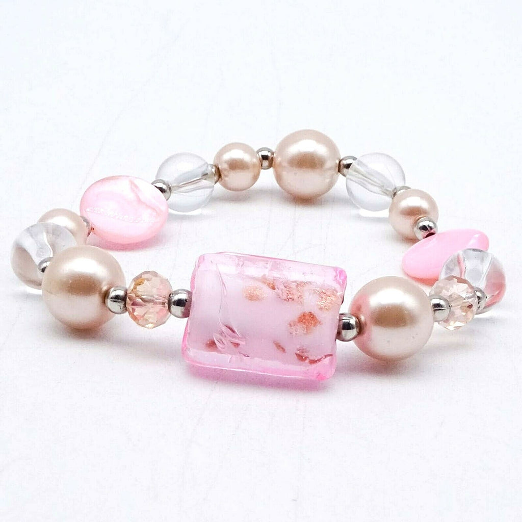 Pink Art Glass Bracelet Shell Faux Pearl Stretch Elastic Silver tone